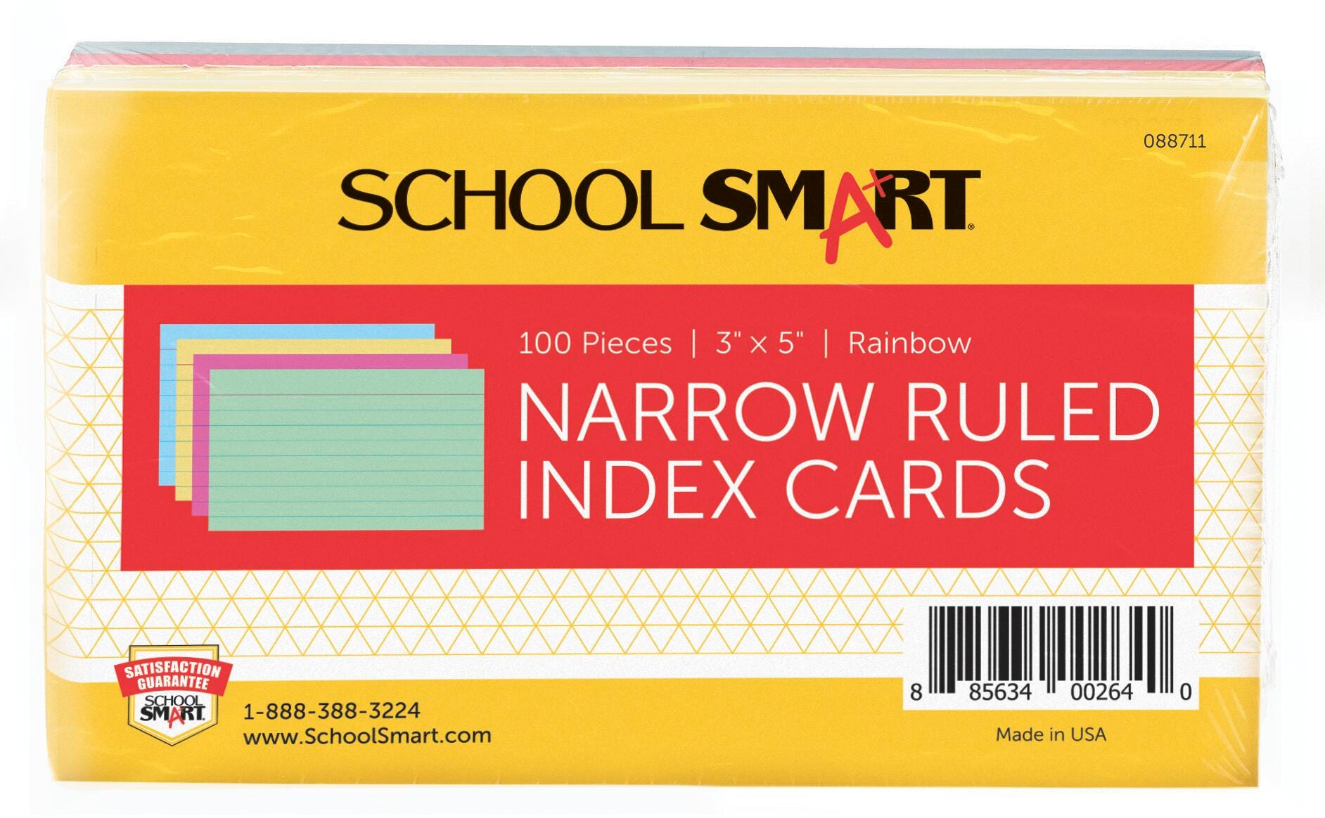School Smart Ruled Index Cards, 3 x 5 Inches, Assorted Colors, Pack of 100 088711